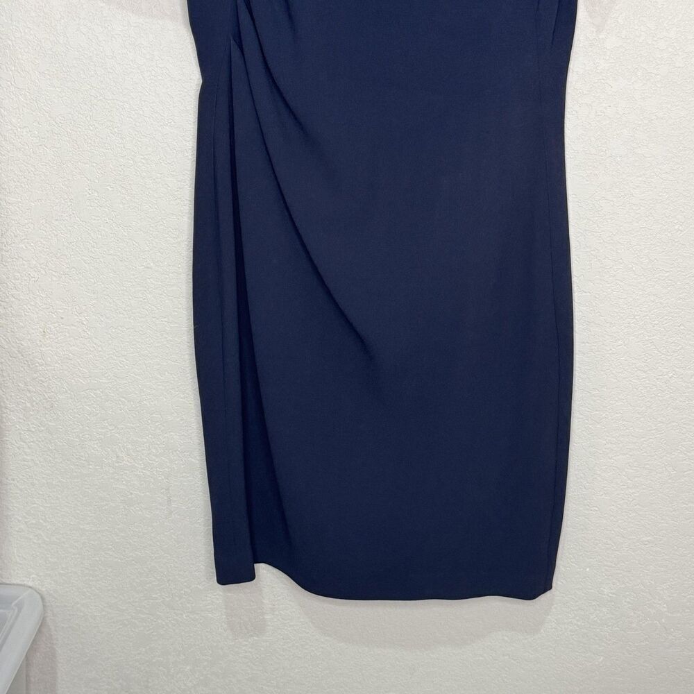 Elie Tahari Dress Size 6 Navy Blue Leather Asymmetrical Neck Sheath Knee Length - Picture 6 of 11